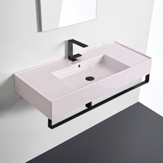 Bathroom Sink Pink Console Sink With Matte Black Towel Bar, Modern Scarabeo 5124-54-TB-BLK